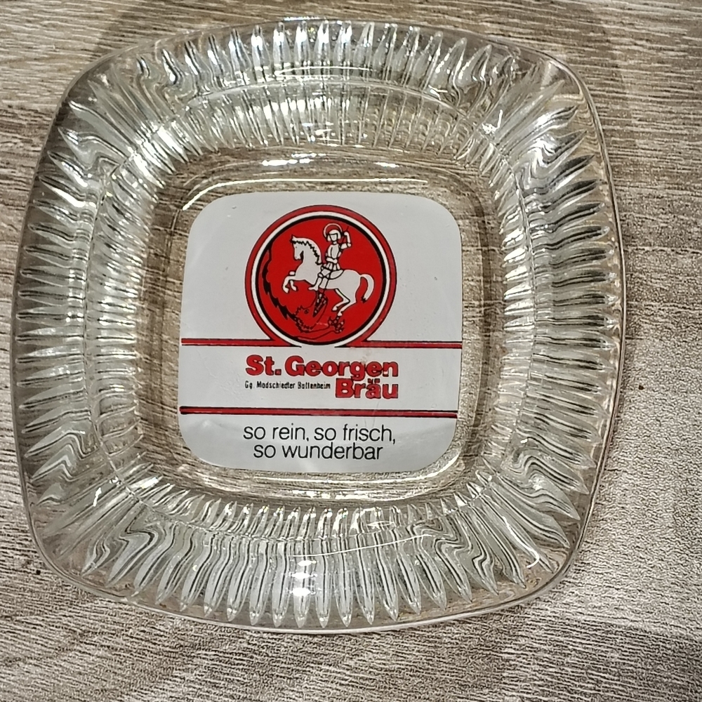 Vintage German Clear Glass Ashtray with Red Logo